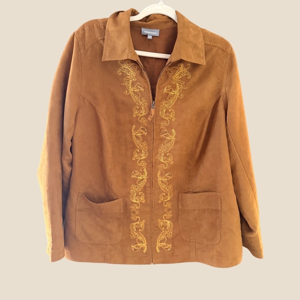 Essentials Faux Suede Embroidered Zip Up Jacket Brown Gold Sequin 18/20W Fall